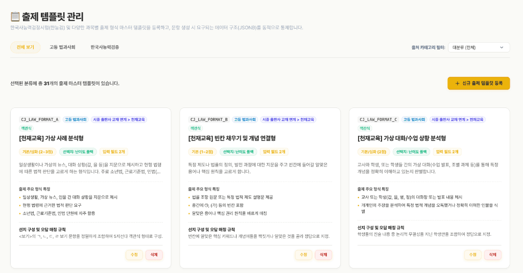 출제 템플릿 관리 및 유형 제어